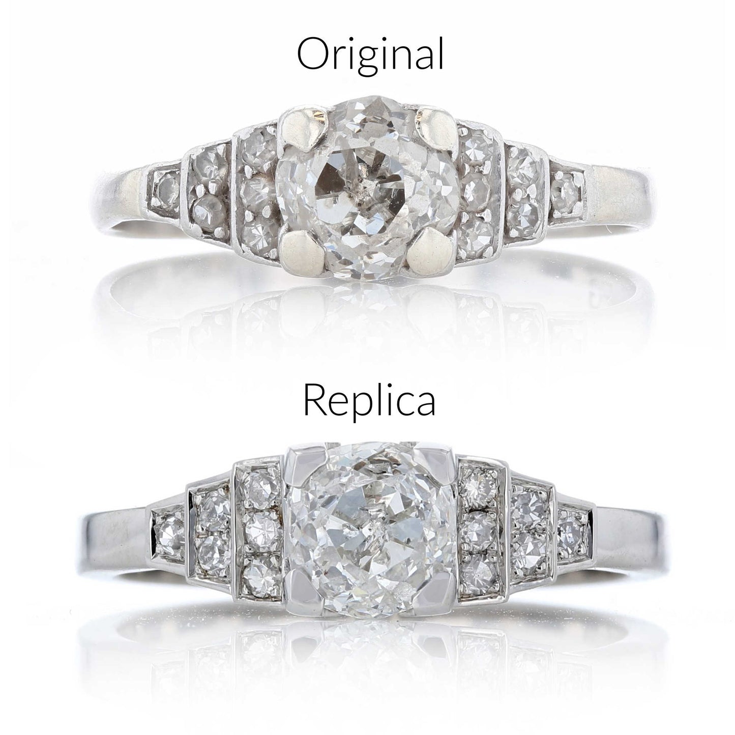 Platinum Geometric Art Deco Diamond Engagement Ring Replica with Original Ring Pictured Above