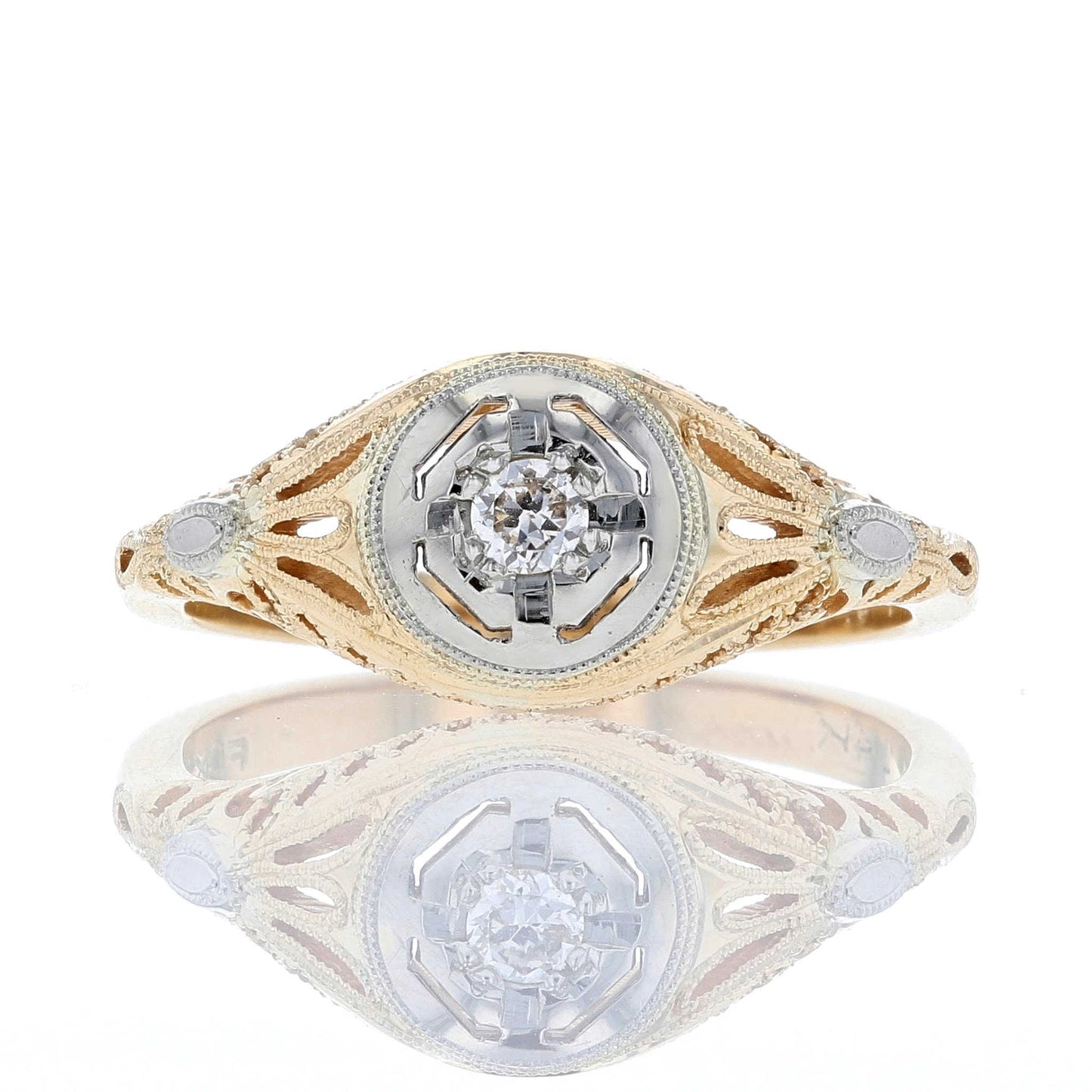 Two Tone Vintage Milgrain Diamond Engagement Ring Front View