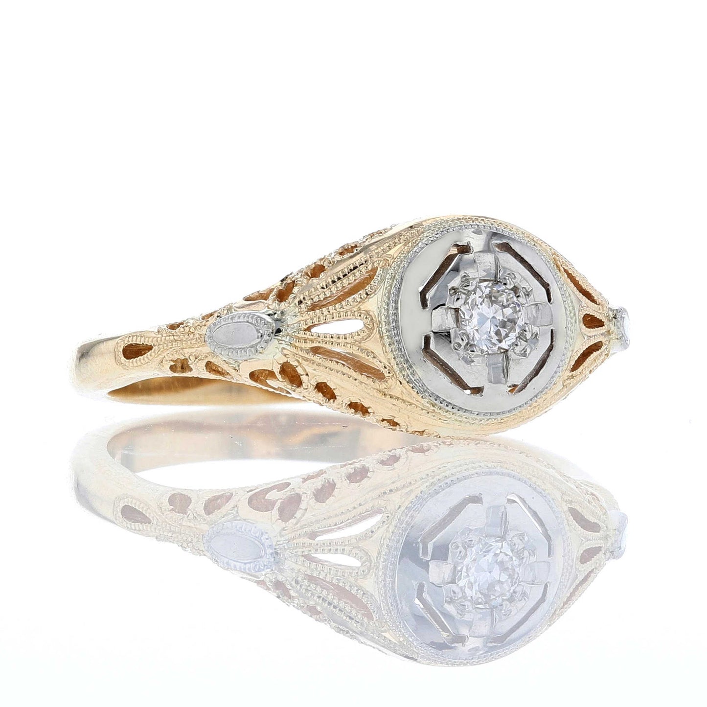 Two Tone Vintage Milgrain Diamond Engagement Ring Side View