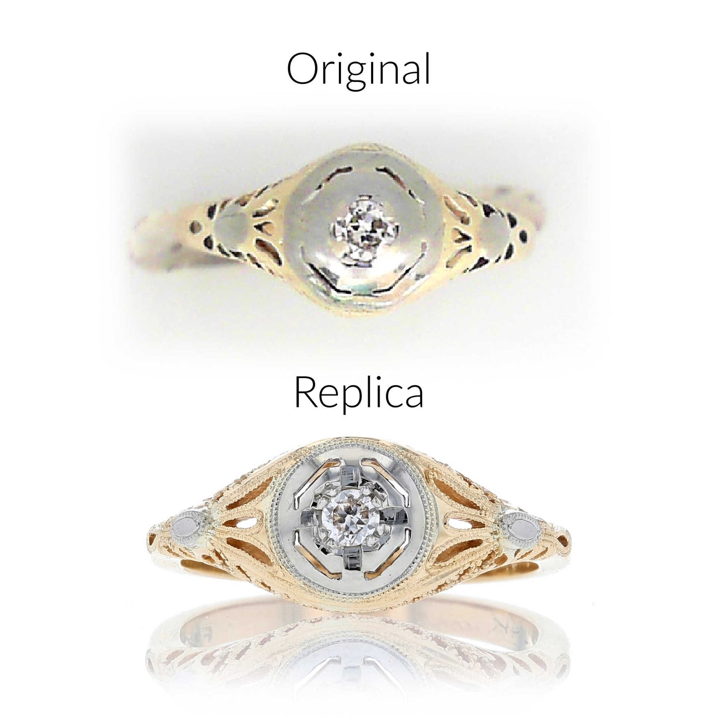 Two Tone Vintage Milgrain Diamond Engagement Ring Replica and Original