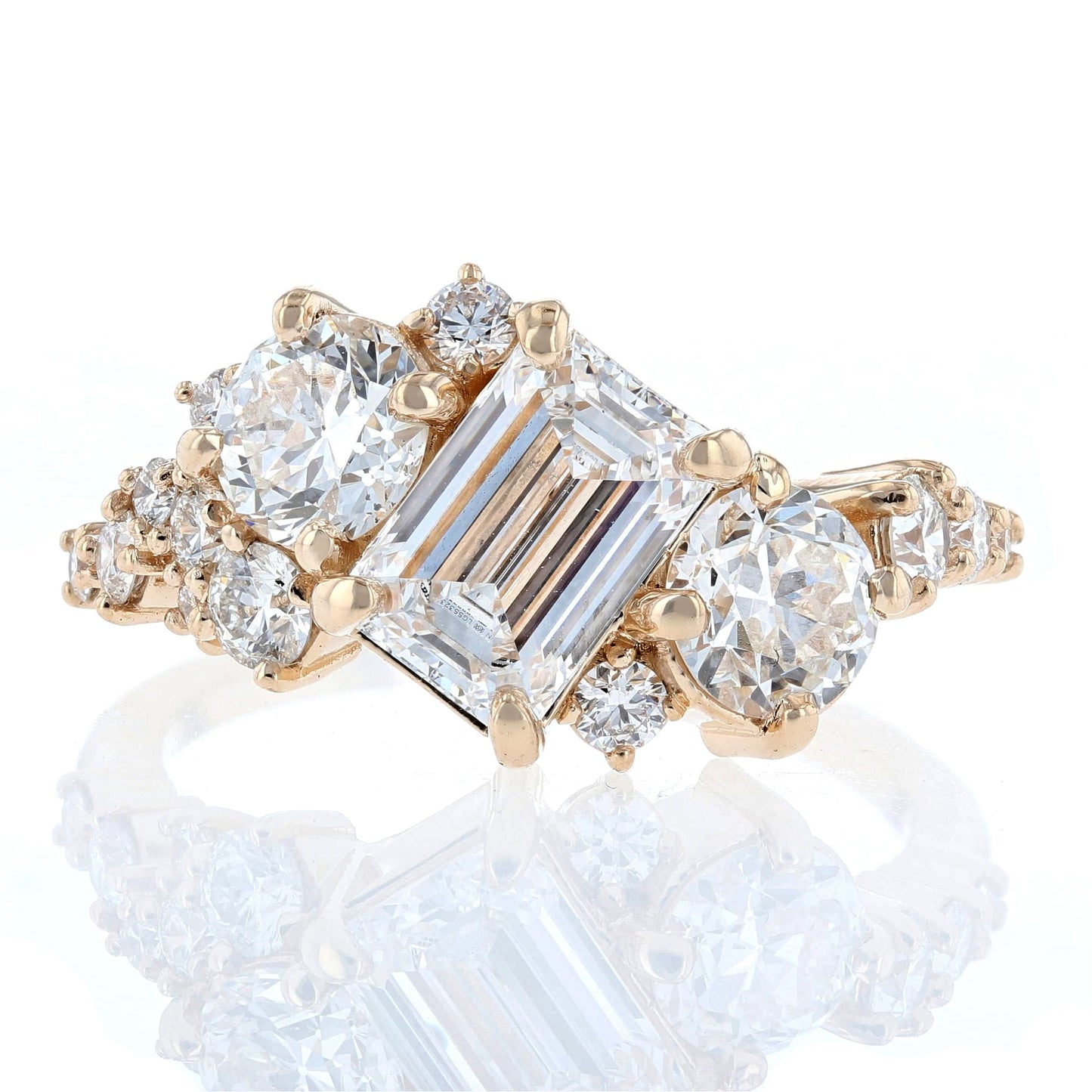 Emerald Cut & Round Diamond Cluster Engagement Ring