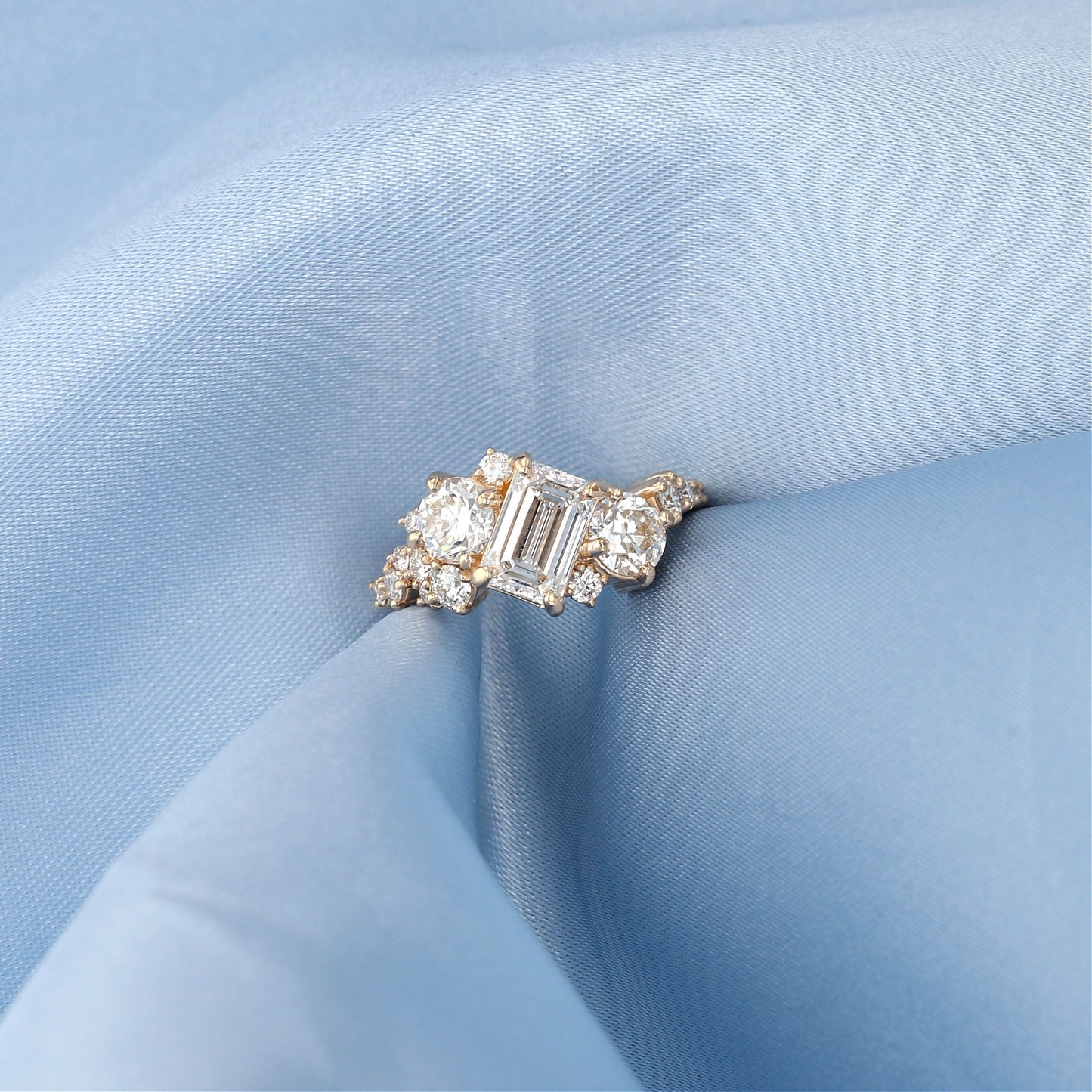 Emerald Cut & Round Diamond Cluster Engagement Ring