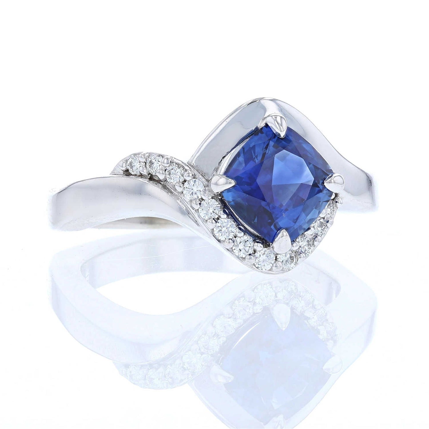 Cushion Blue Sapphire Bypass Diamond Halo Ring