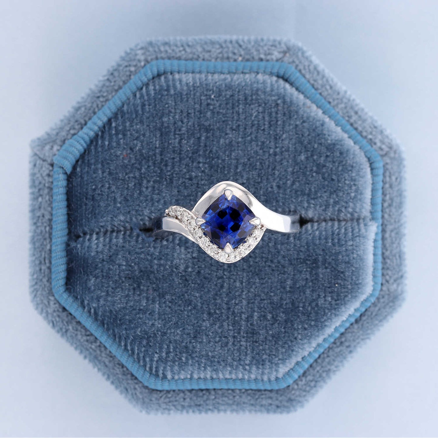 Cushion Blue Sapphire Bypass Diamond Halo Ring