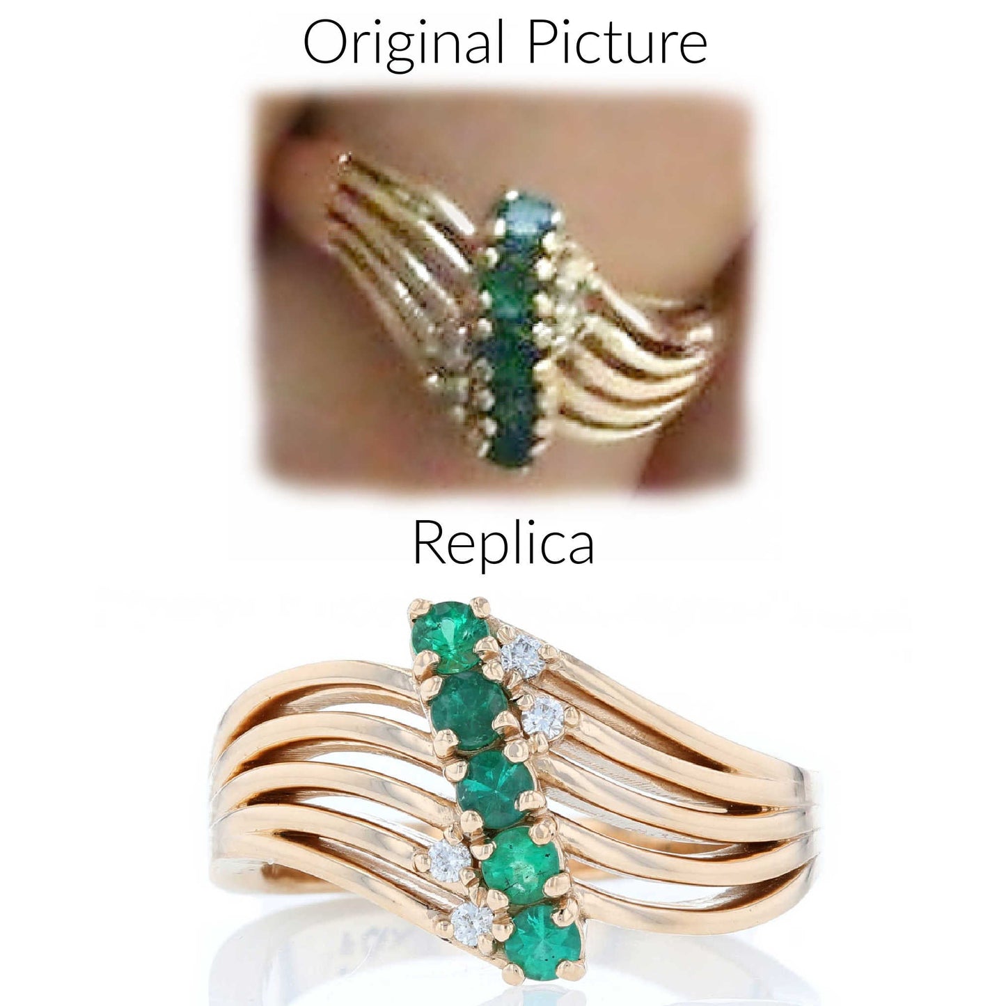 Original and replica of Custom Emerald Wave Replica Ring