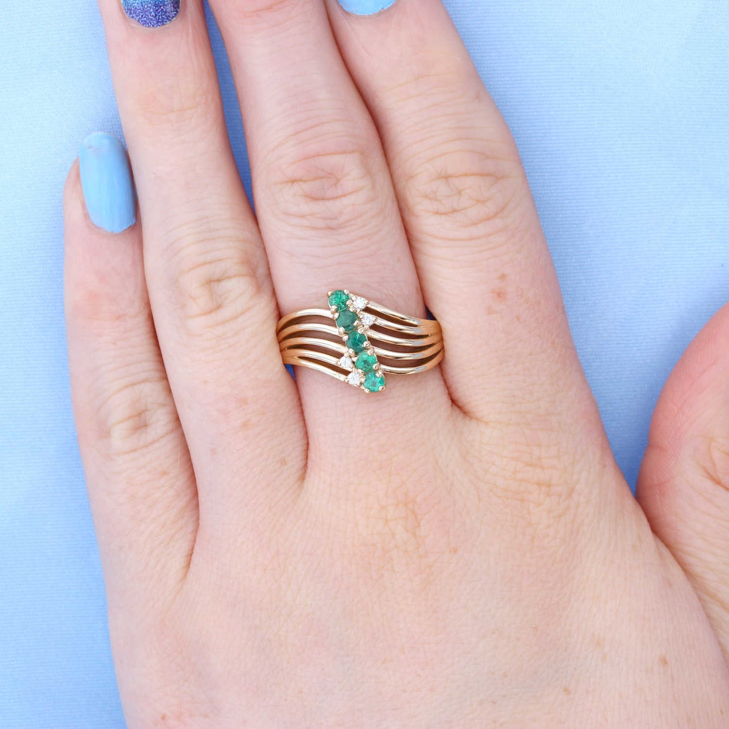 Yellow Gold Multirow Diagonal Emerald Line Ring