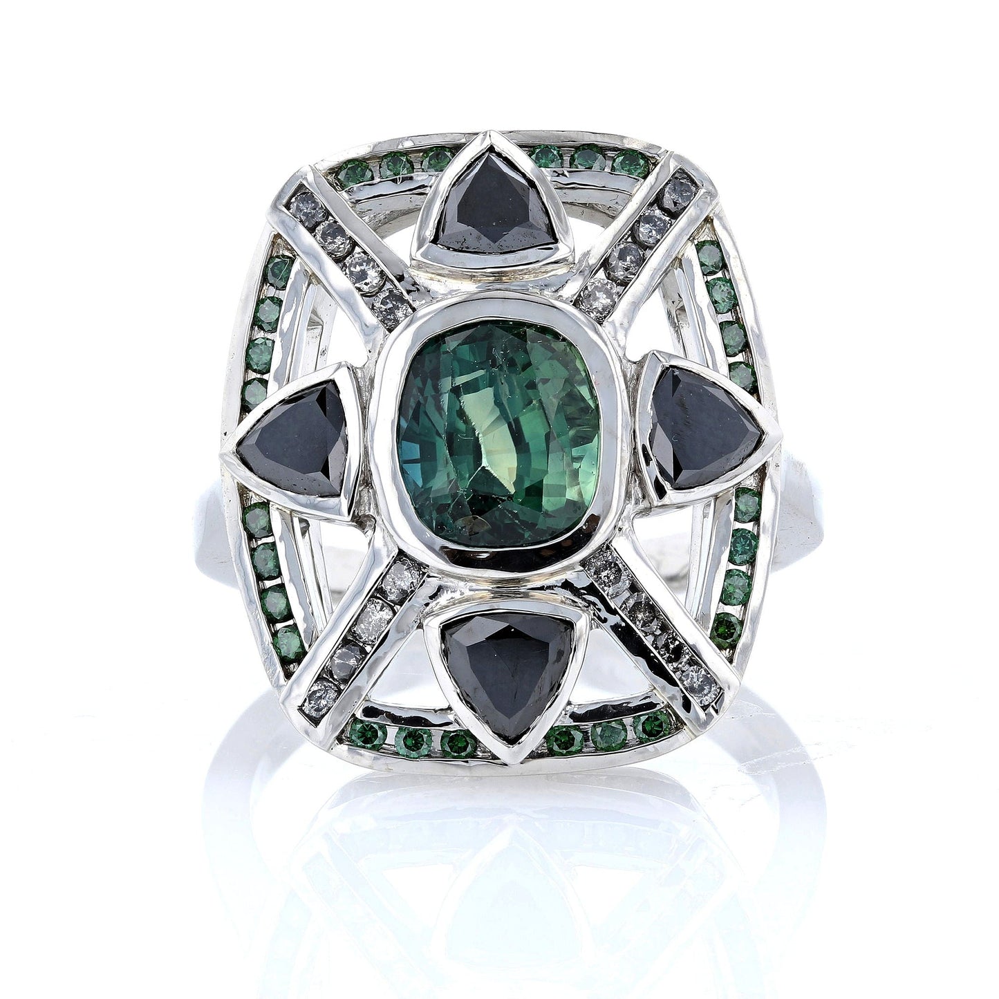 Green Sapphire & Black Diamond Trillion Bezel Set Ring