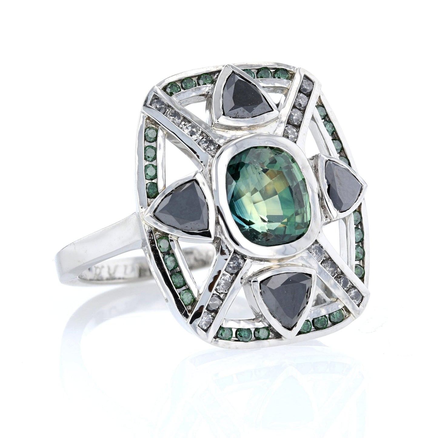 Green Sapphire & Black Diamond Trillion Bezel Set Ring