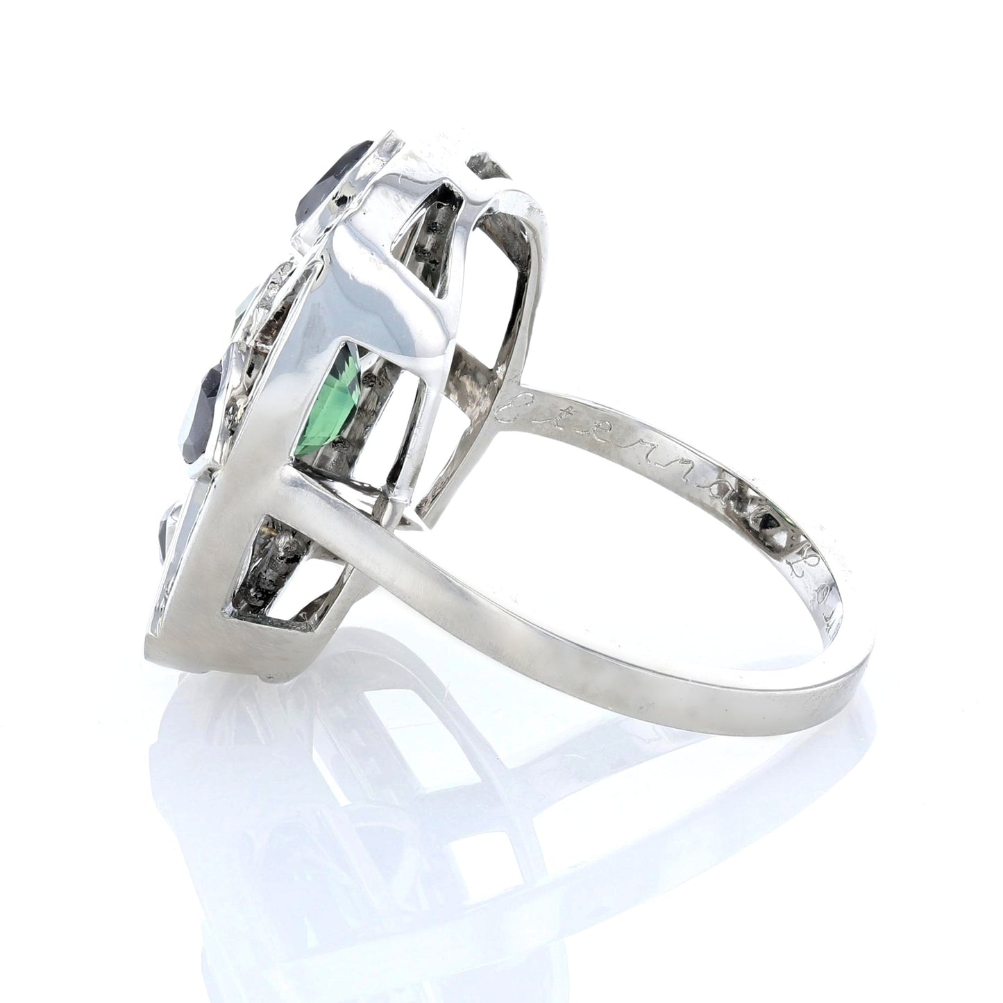 Green Sapphire & Black Diamond Trillion Bezel Set Ring