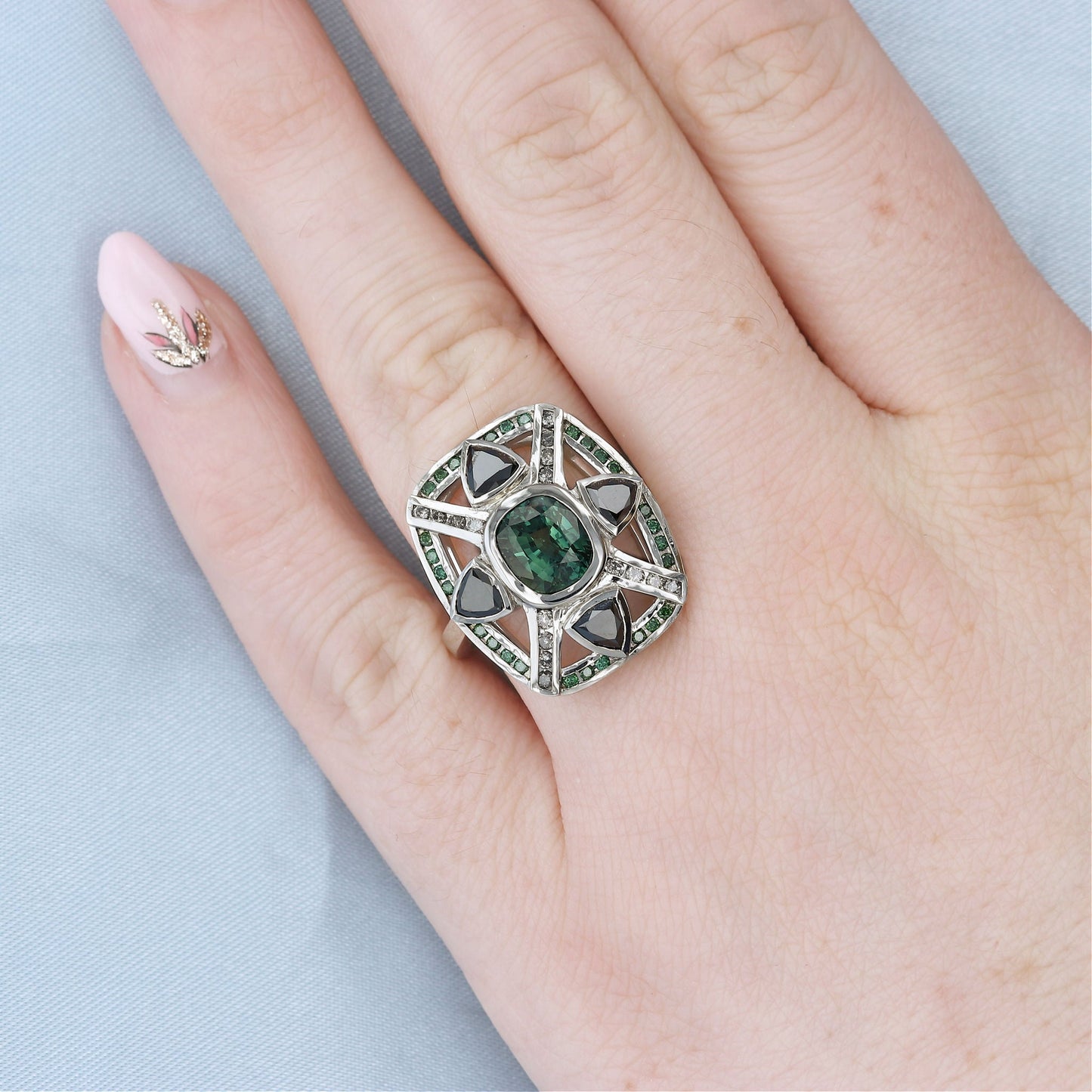 Green Sapphire & Black Diamond Trillion Bezel Set Ring