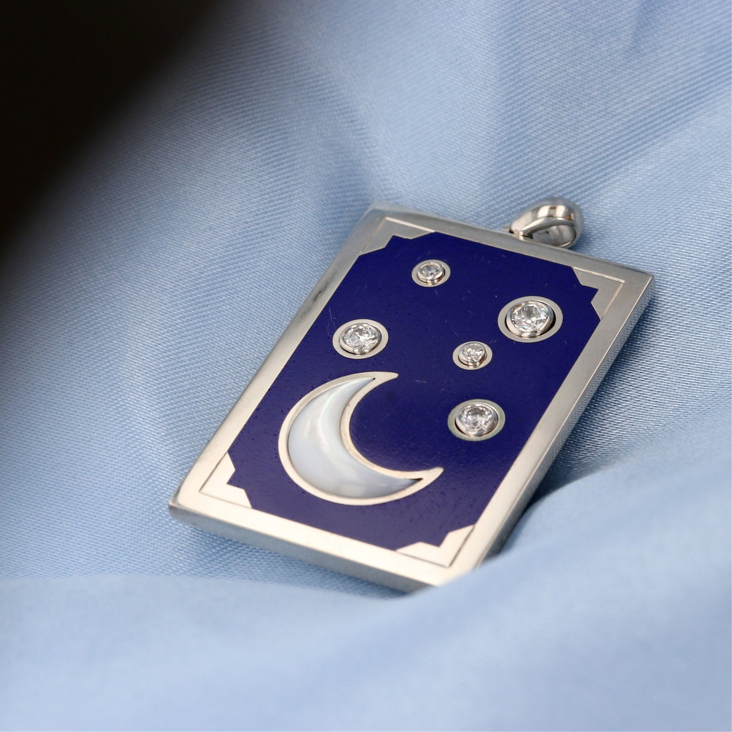 Moonstone Crescent Moon & Stars Enamel Night Sky Pendant