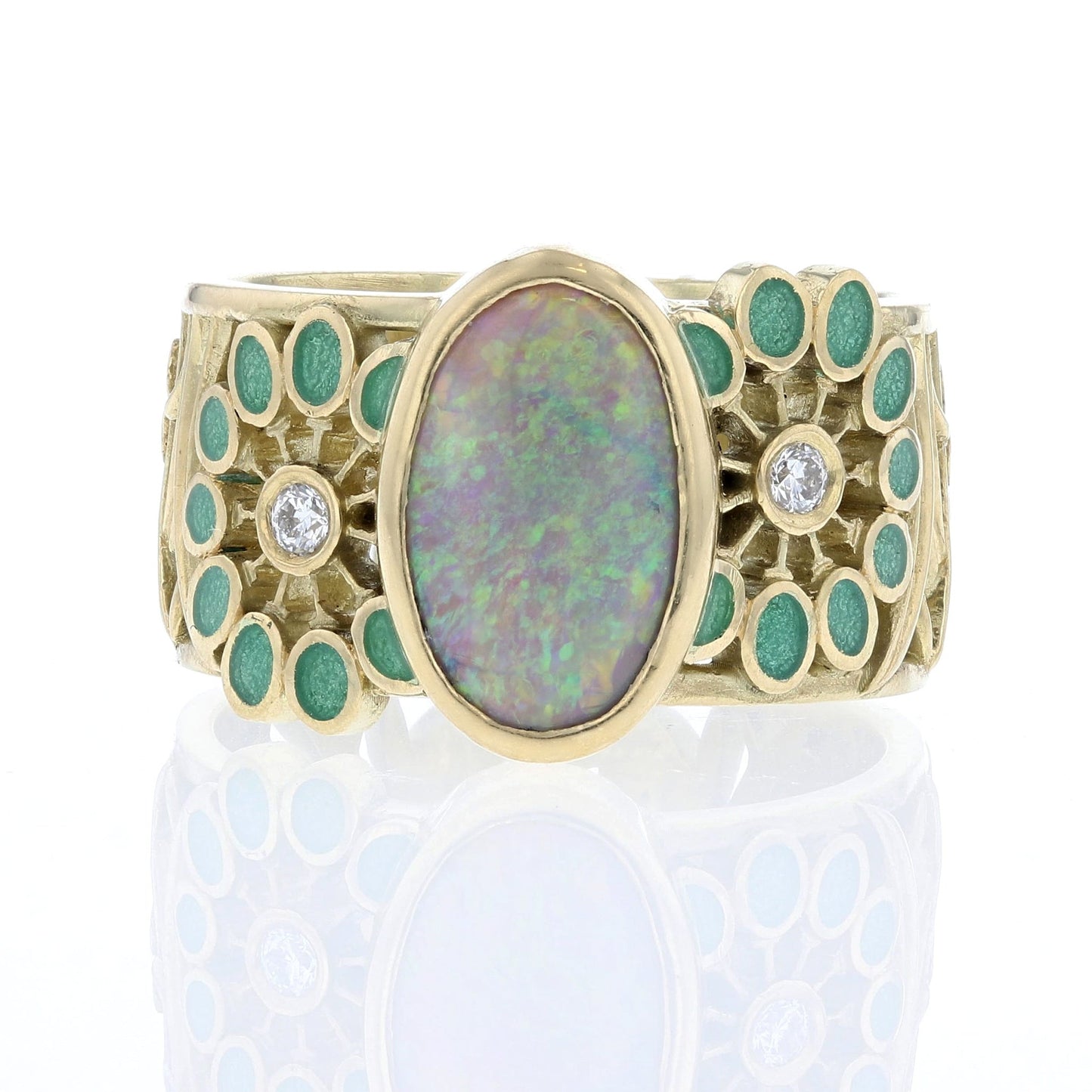 Yellow Gold Oval White Opal & Green Enamel Flower Ring