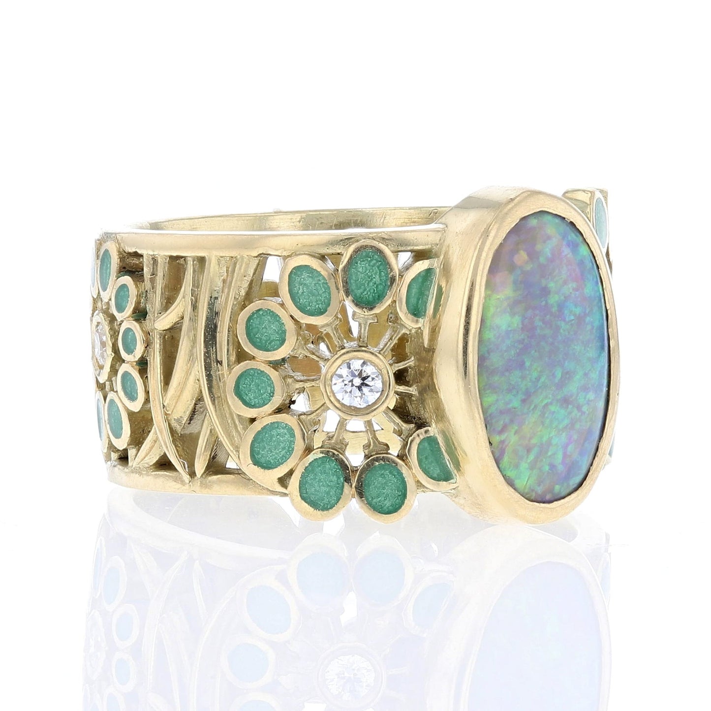 Yellow Gold Oval White Opal & Green Enamel Flower Ring