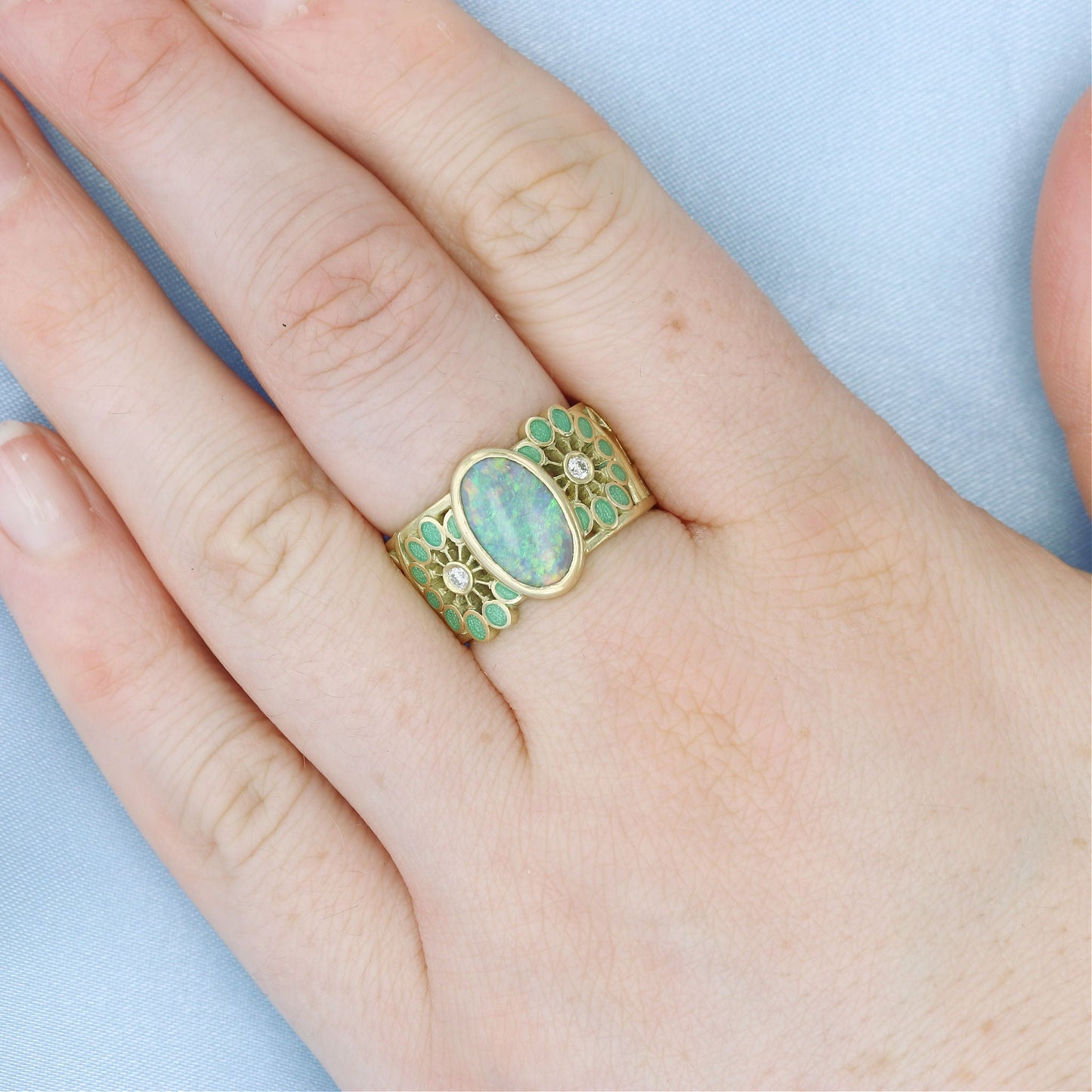 Yellow Gold Oval White Opal & Green Enamel Flower Ring