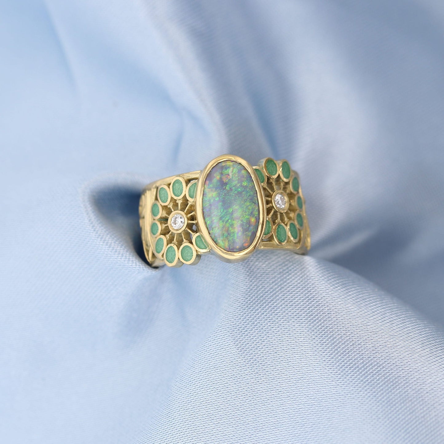 Yellow Gold Oval White Opal & Green Enamel Flower Ring