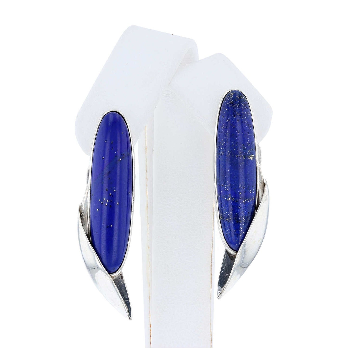 Contemporary Silver Elongated Oval Lapis Earrings