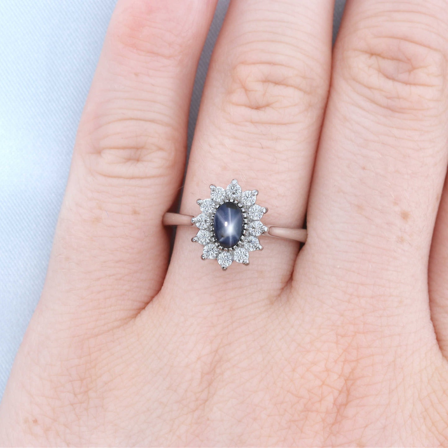 Blue Star Sapphire & Diamond Halo Ring