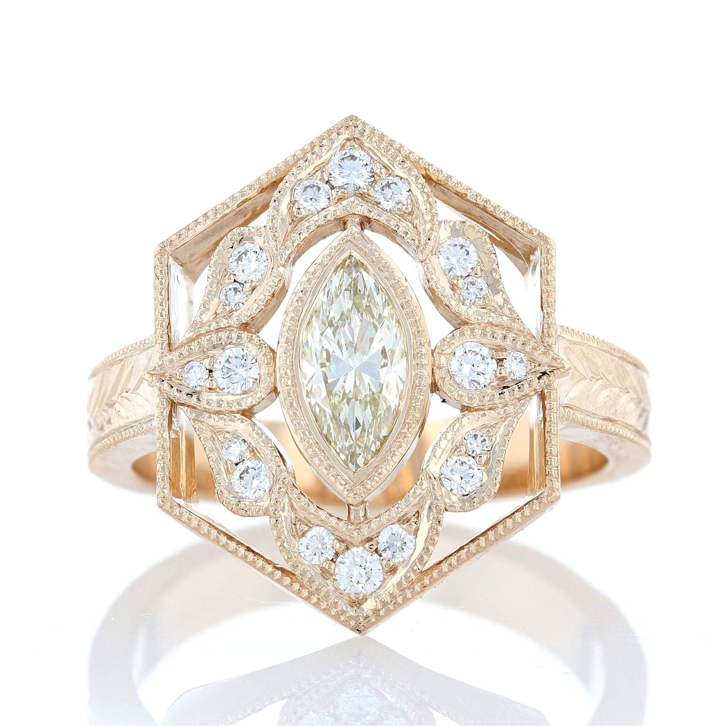 Engraved Filigree Milgrain Marquise Diamond Engagement Ring