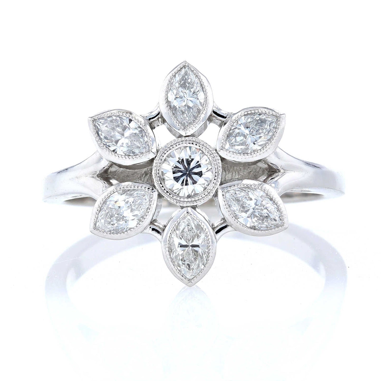 White Gold Diamond Flower Milgrain Engagement Ring