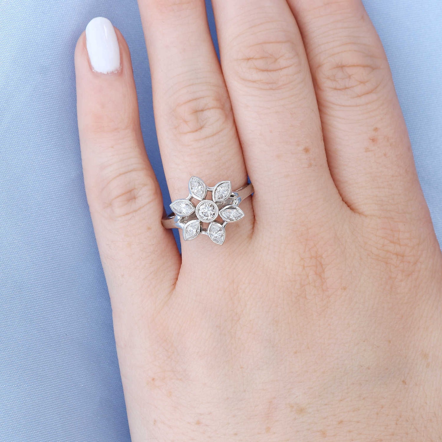 White Gold Diamond Flower Milgrain Engagement Ring