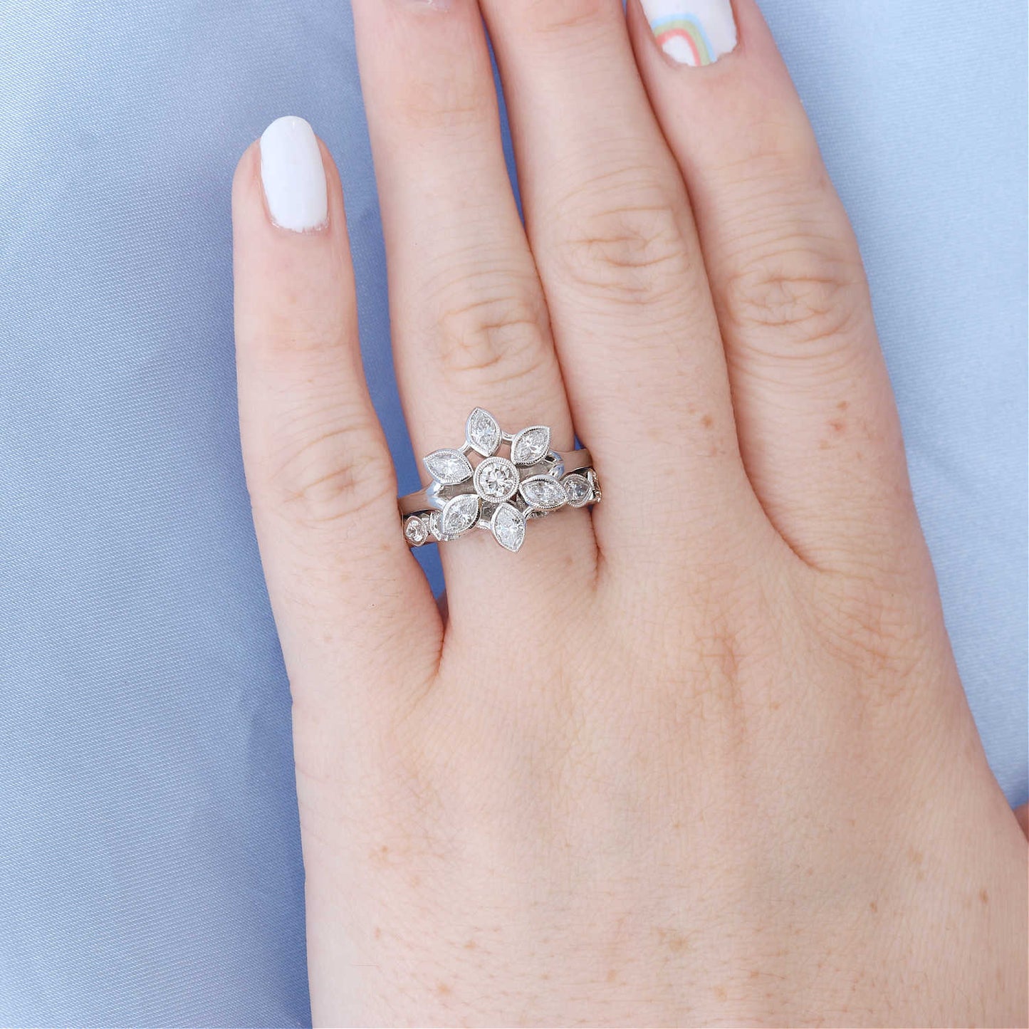 White Gold Diamond Flower Milgrain Engagement Ring