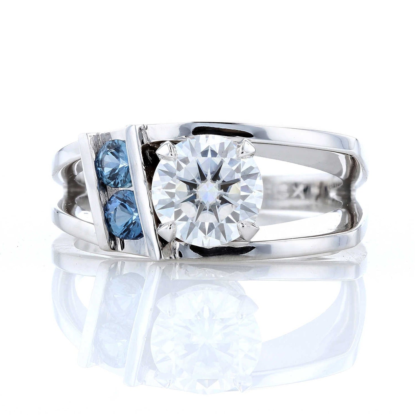 Modern Asymmetrical Moissanite & Sapphire Engagement Ring