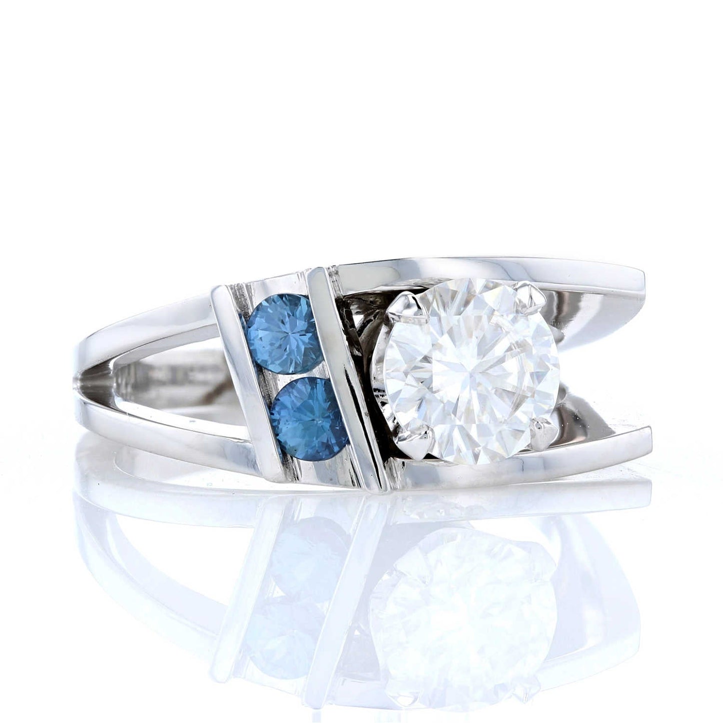 Modern Asymmetrical Moissanite & Sapphire Engagement Ring