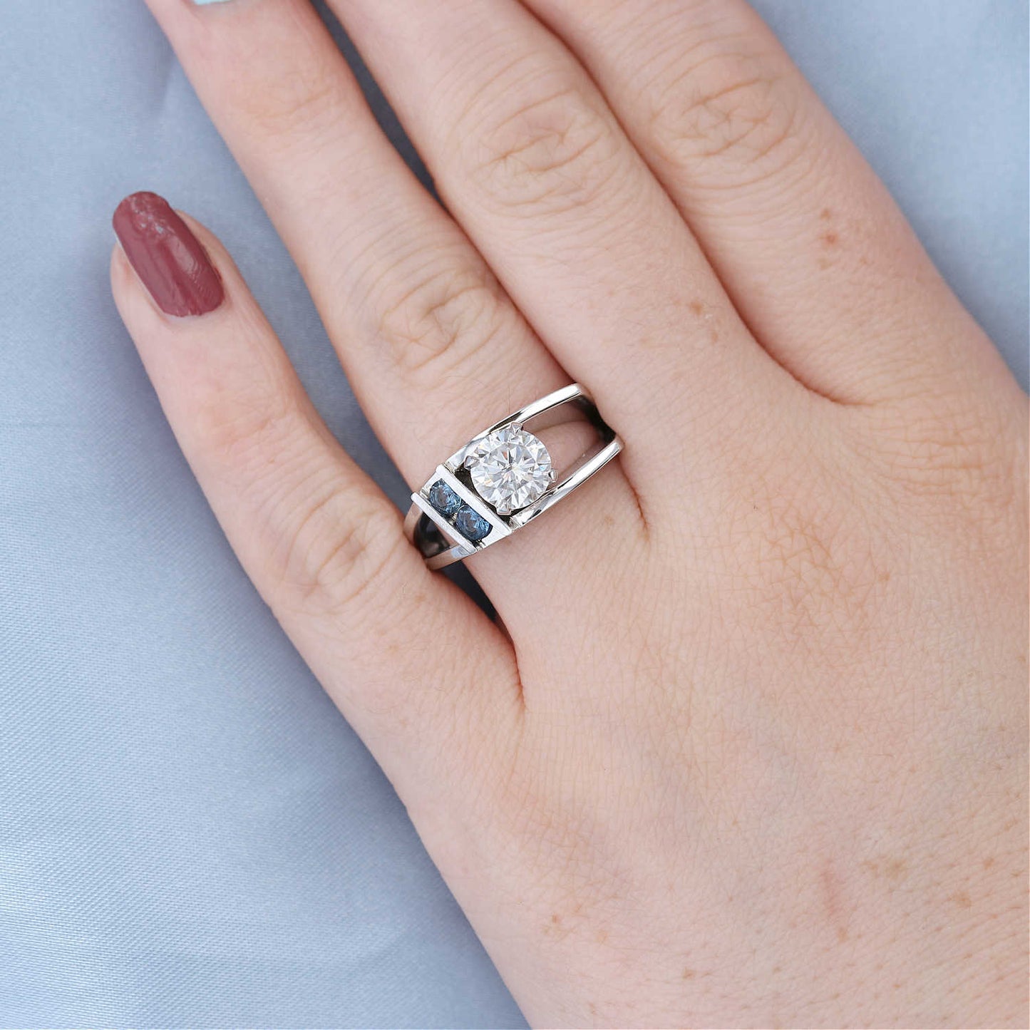 Modern Asymmetrical Moissanite & Sapphire Engagement Ring