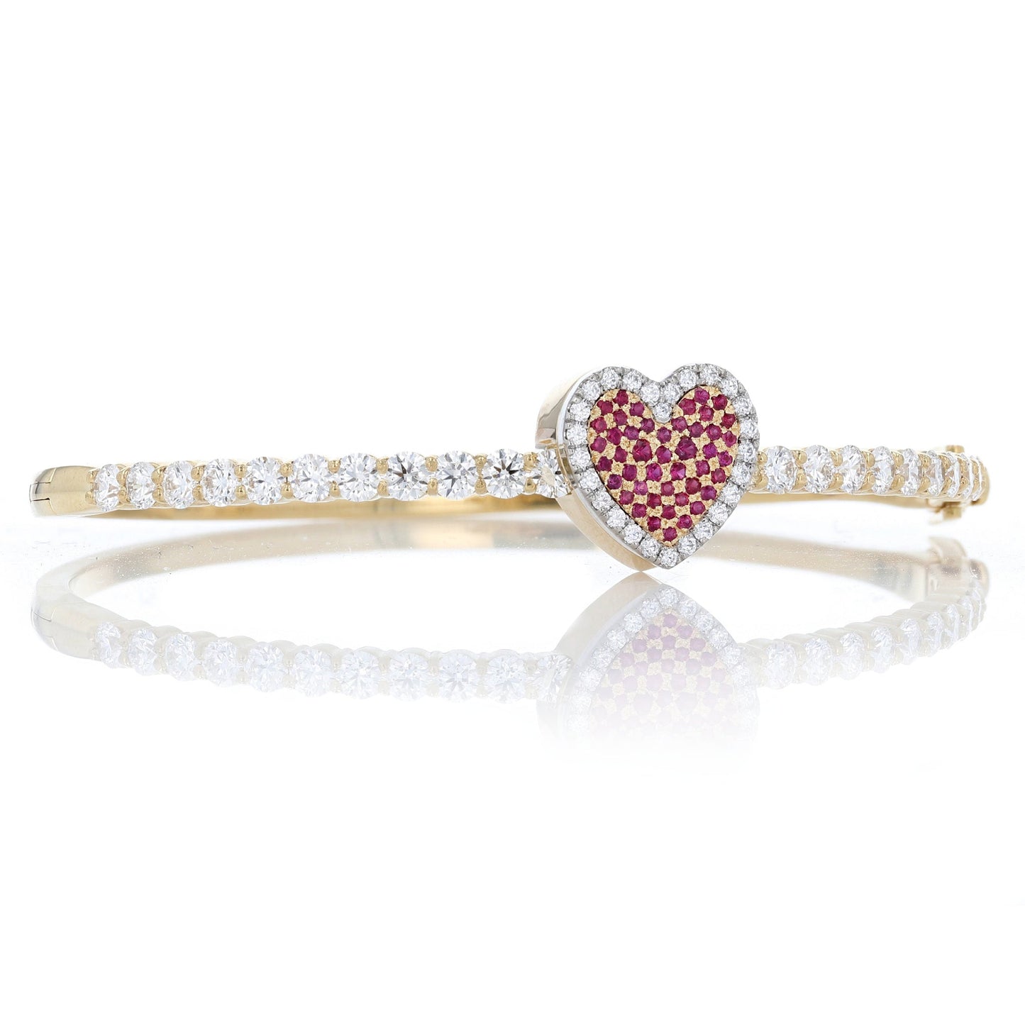 Yellow Gold Pave Ruby & Diamond Heart Hinged Bangle Bracelet