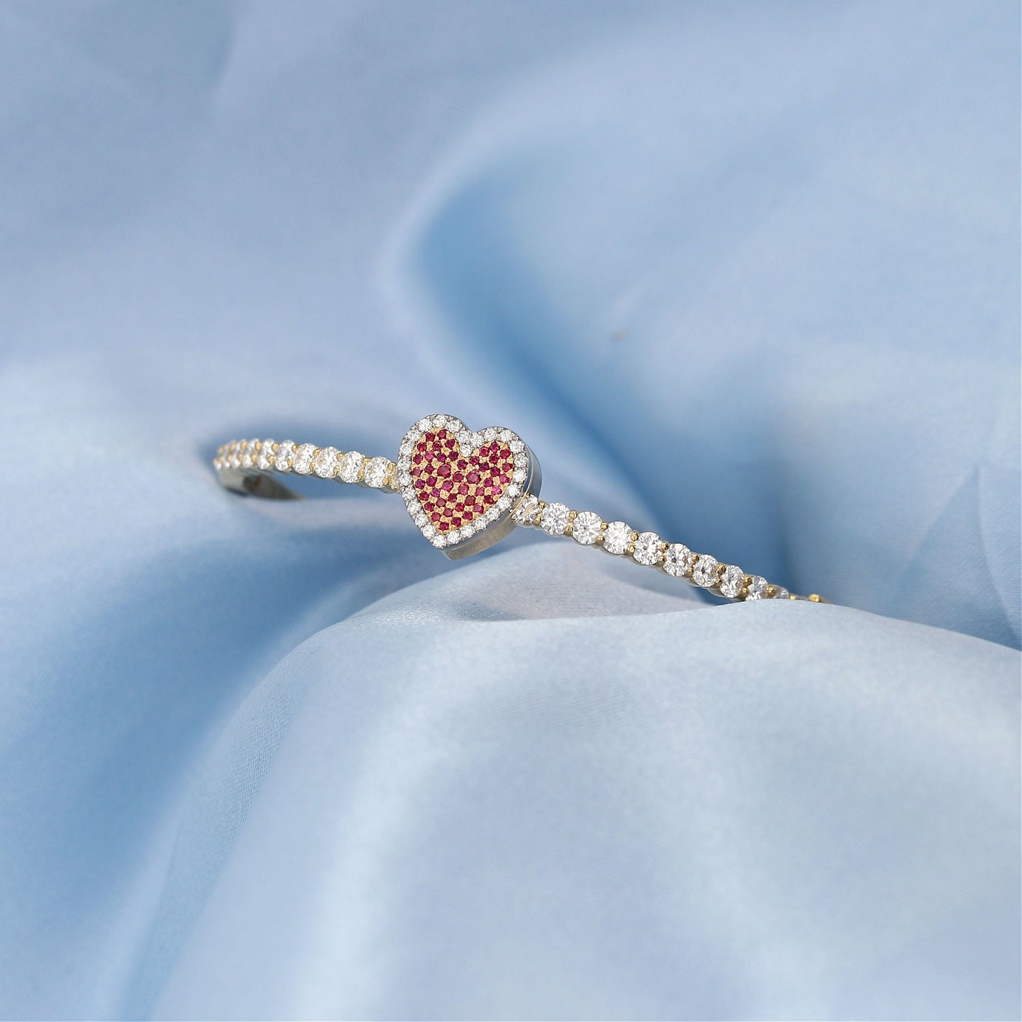 Yellow Gold Pave Ruby & Diamond Heart Hinged Bangle Bracelet