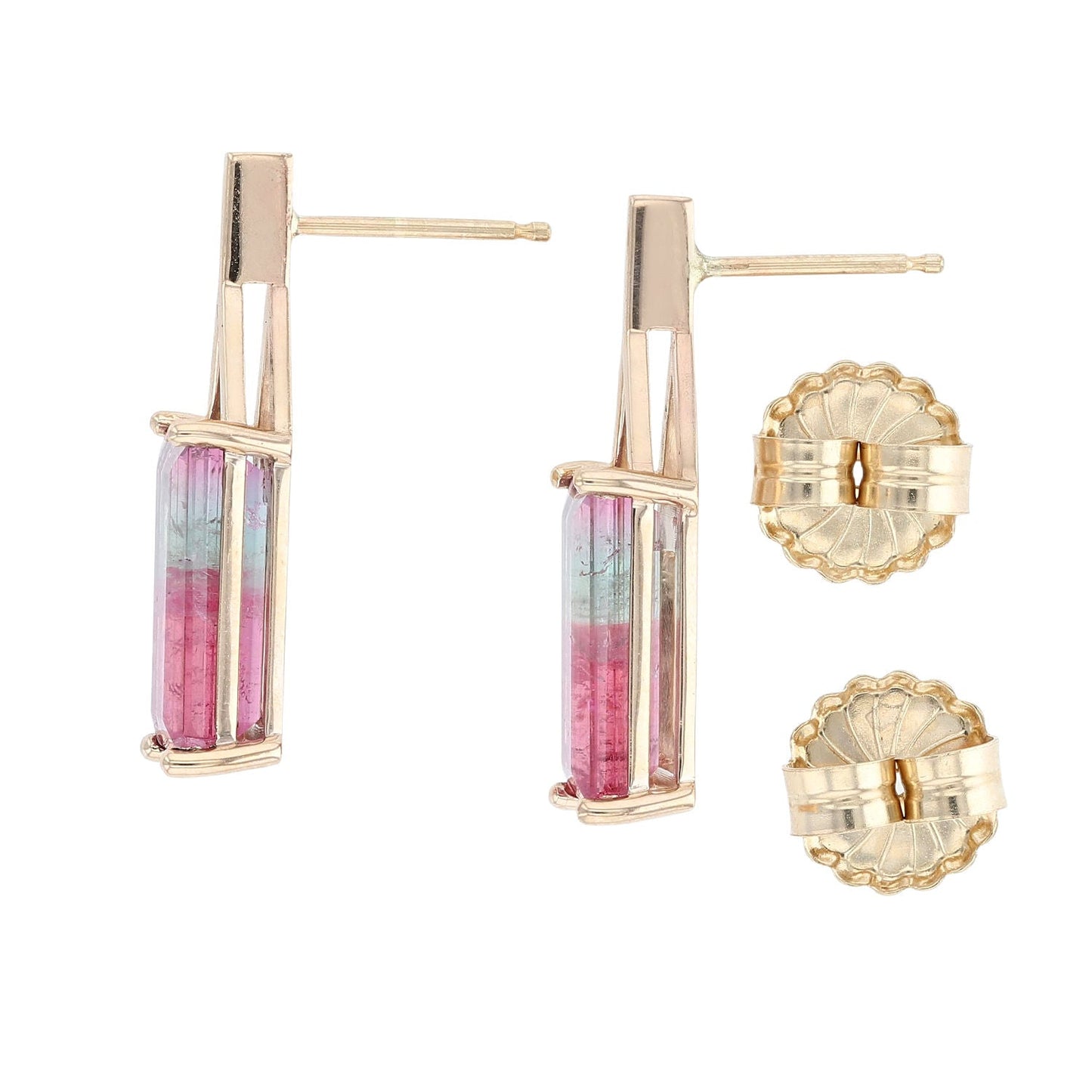 Tricolor Pink & Green Tourmaline Rectangular Earrings