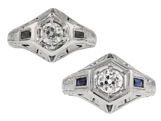 Platinum 3 stone sapphire and diamond ring before and after platinum repairs