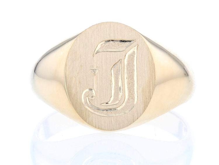 Yellow gold hand engraved "J" monogram signet ring.