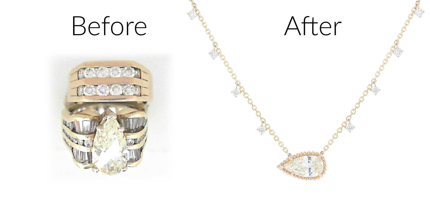 Yellow Gold Pear Diamond Station Necklace Before & After
