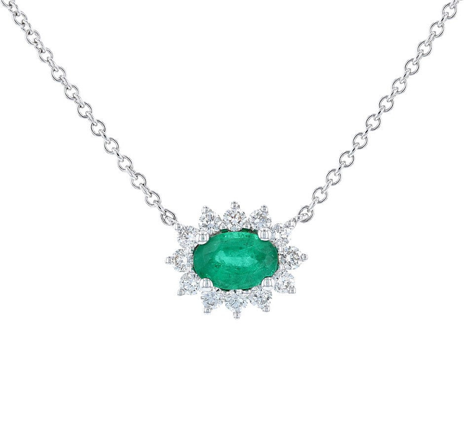 Emerald & Diamond East West Halo Necklace