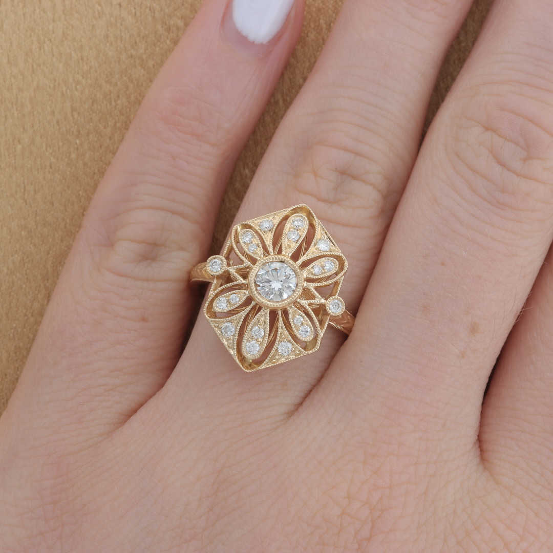 Floral Hexagon Diamond Engagement Ring