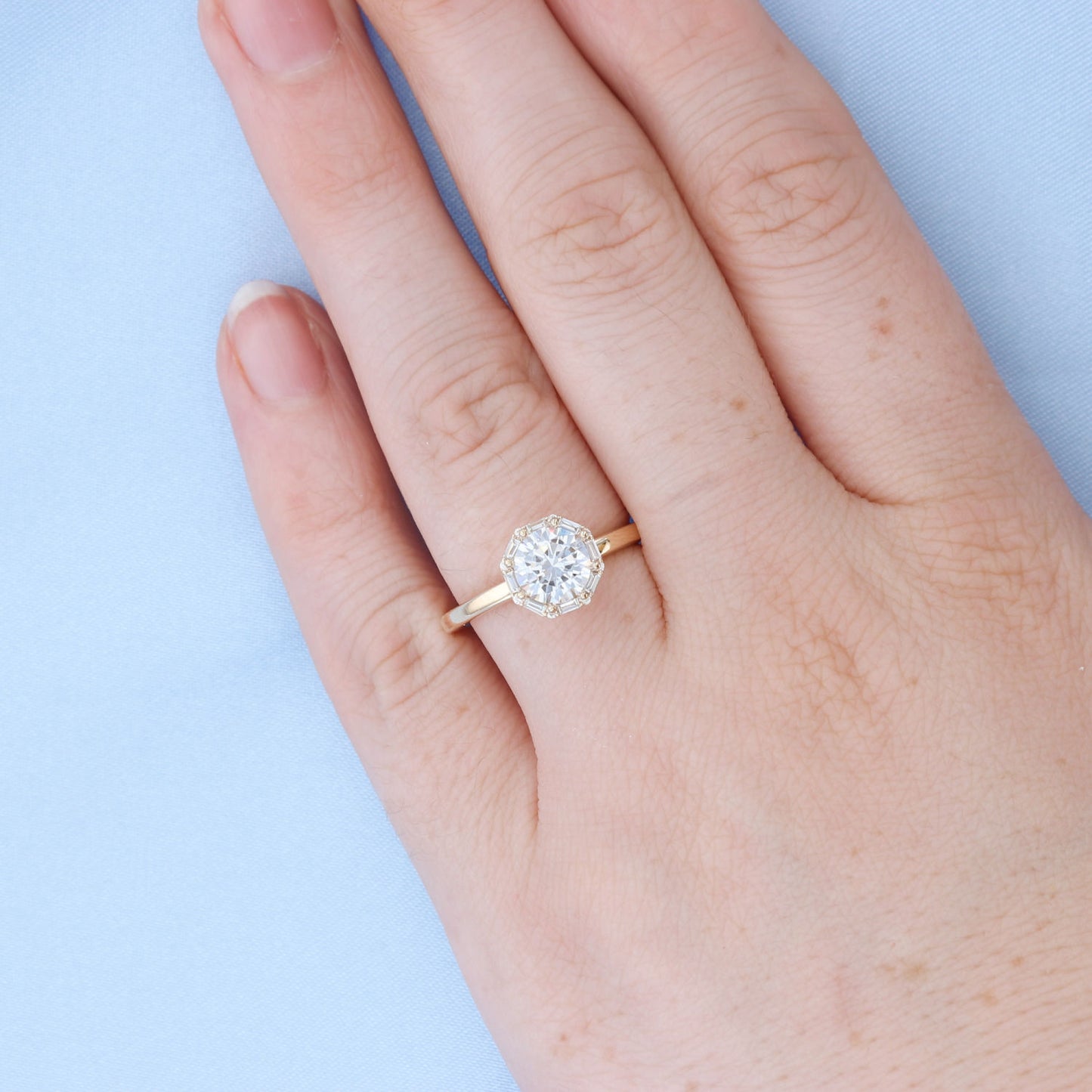 Octagon Baguette Diamond Halo Engagement Ring