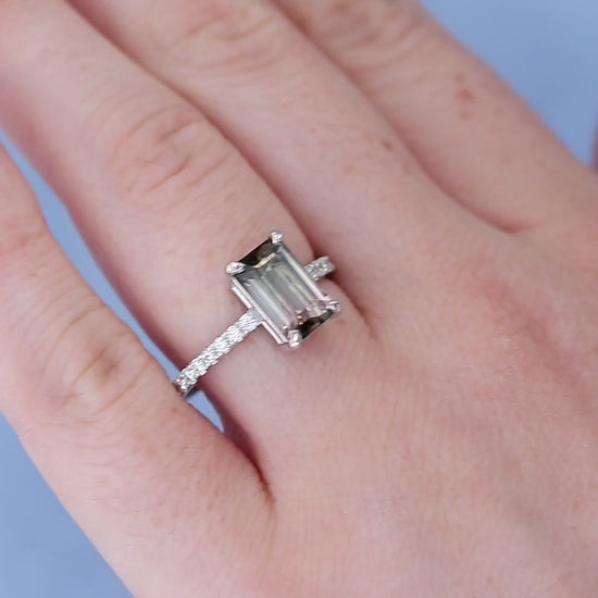 Emerald Cut Watermelon Tourmaline Engagement Ring on a Finger