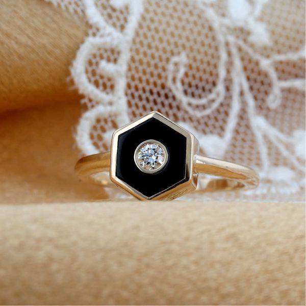Onyx and Diamond Hexagon Ring