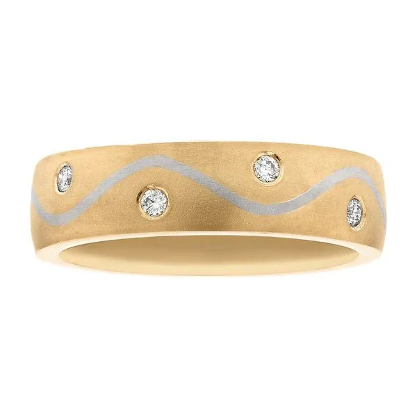 Yellow gold band with white gold swirl and diamonds