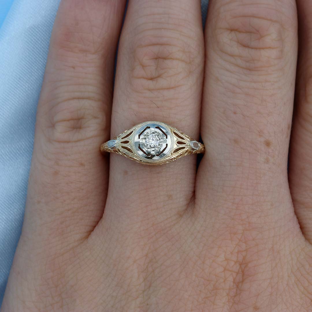 Two Tone Vintage Milgrain Diamond Engagement Ring on a Finger