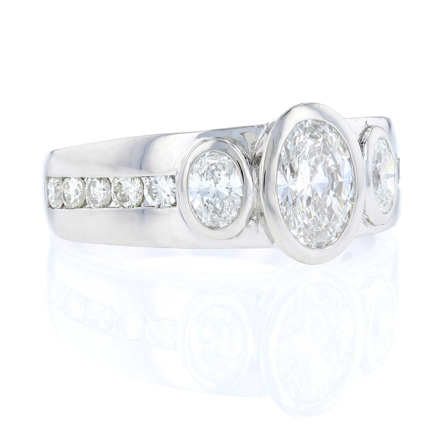 Bezel Set Three Stone Oval Diamond Engagement Ring Side View