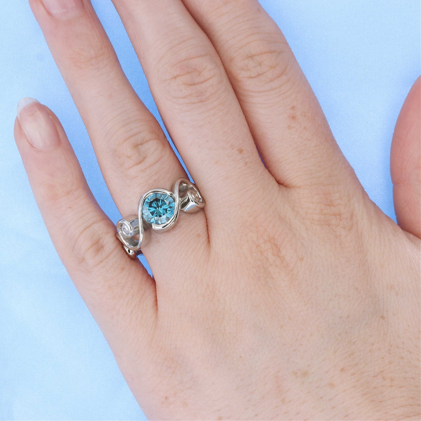Bezel Set Swirl Blue Diamond Engagement Ring