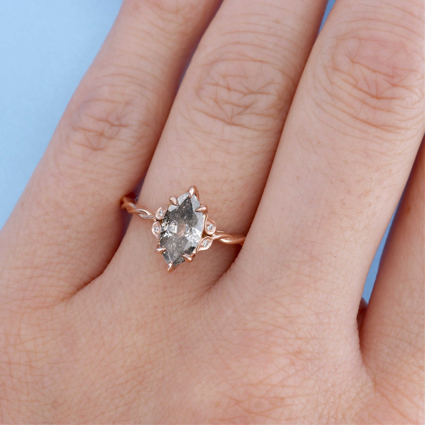 Twist Marquise Salt & Pepper Diamond Engagement Ring on a Finger