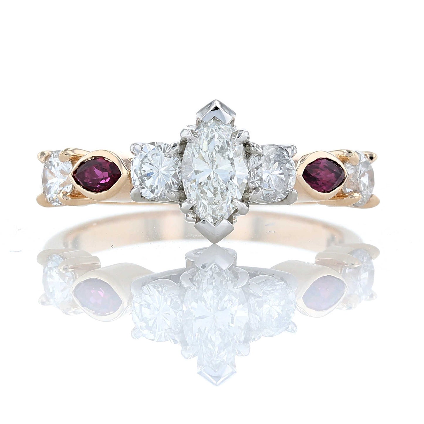 Two Tone Ruby & Marquise Diamond Engagement Ring Front View