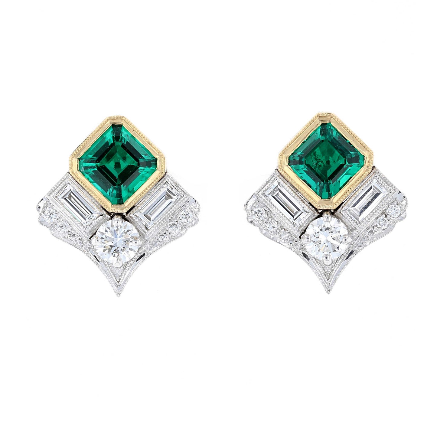Art Deco Emerald & Diamond Stud Earrings