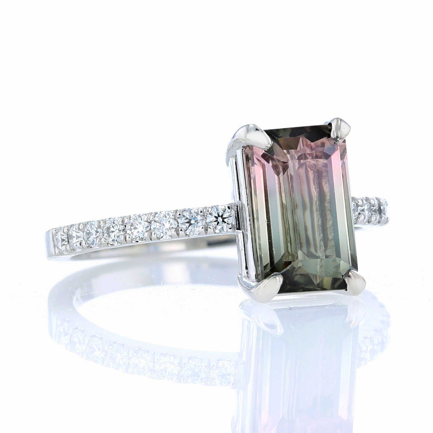 Emerald Cut Watermelon Tourmaline Engagement Ring Side View